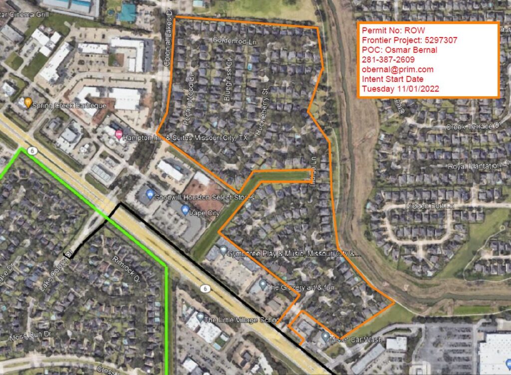 Notice from Missouri City Oyster Creek Plantation Fiber Optic Installation First Colony CSA
